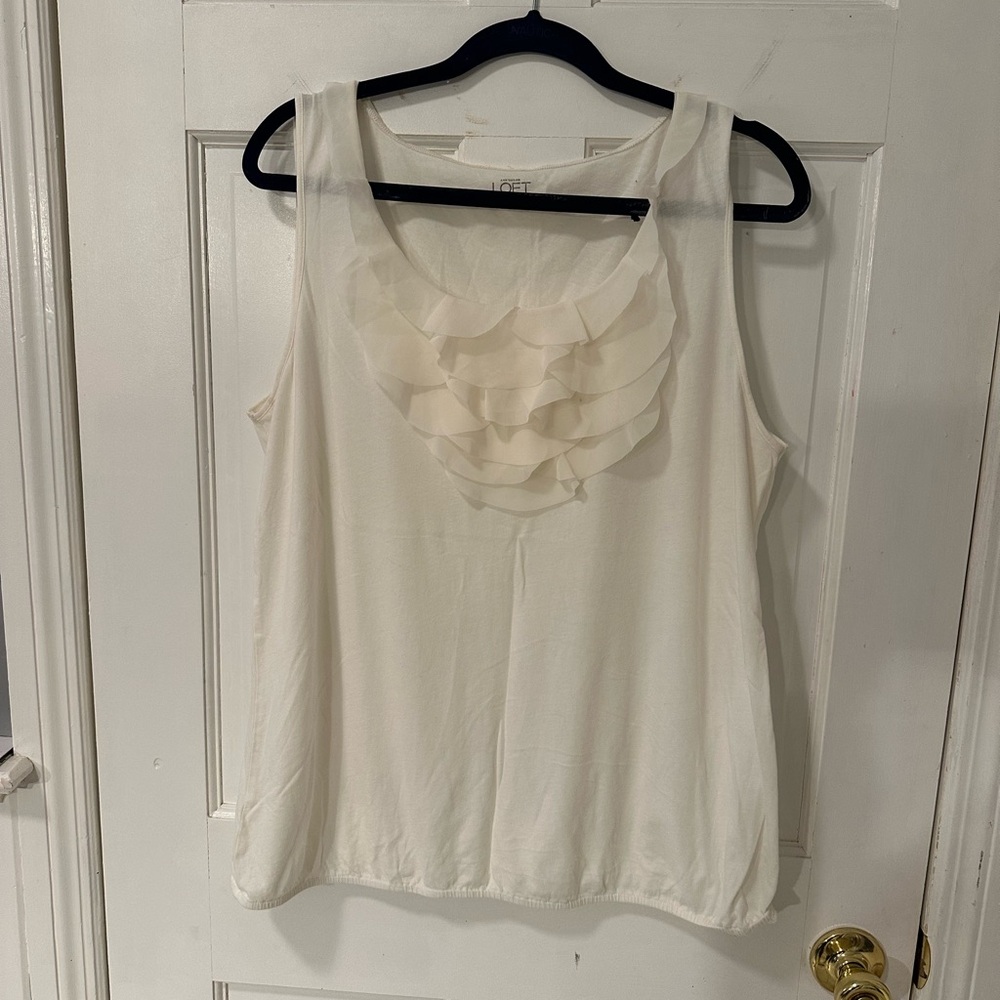 LOFT White Ruffled Bib Collar Tank Top